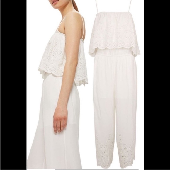 Topshop Boho Cottagecore White Eyelet Scalloped Jumpsuit Straight Leg Size 6 - Picture 2 of 15